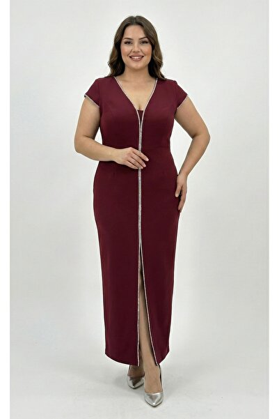 MİLLA Büyük Beden Bordo V Yaka Kristal Taş Şeritli Yırtmaçlı Önü Açık Davet Elbisesi
