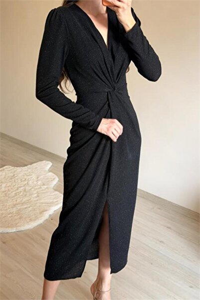 Neşeli Butik rochie de seară neagră pentru femei, talie detaliu încrețit cu fantă lungime midi NM027