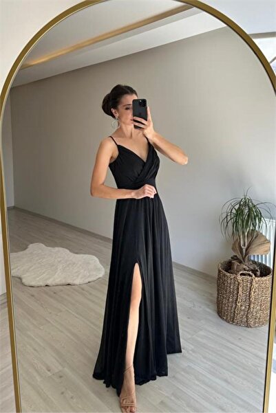 Neşeli Butik Women's Sparkling Strap Slit Detail Chiffon Evening Dress Nm002
