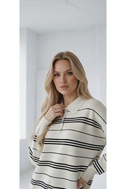 ZARİNCE LİFE Women's Oversized Button Polo Neck Striped Knitwear Sweater