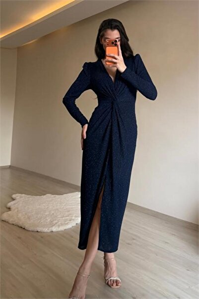 Neşeli Butik Women Blue Waist Ruched Detail Slit Midi Length Evening Dress Nm027