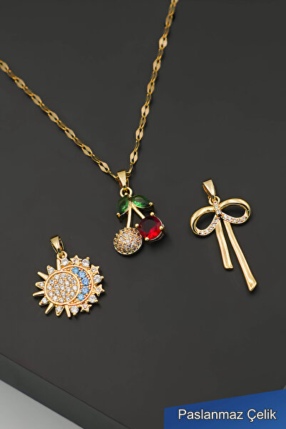 TREND COLLECTİON Değiştirilebilir Kolye Uçlu Gold Çelik Kolye Seti – 3’lü Kad...