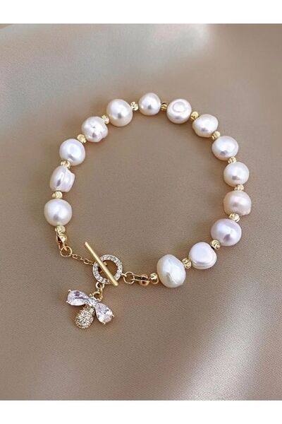 Choice سوار أنيق من اللؤلؤ الباروكي NJ-1252 للنساء، سوار فاخر مزين بقلادة نحل...