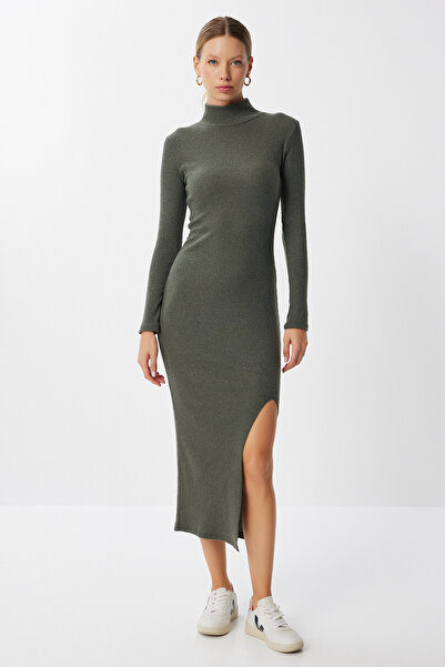 Lovelyİstanbul Φόρεμα με ζιβάγκο άνοιγμα κοτλέ Πλεκτό Φόρεμα LUB0213 ΧΑΚΙ