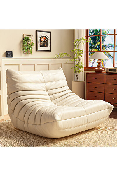Generic Modern Bean Bag Chair Cream White Faux Leather Frameless Lounge Accent Seat Back Support Wide Design