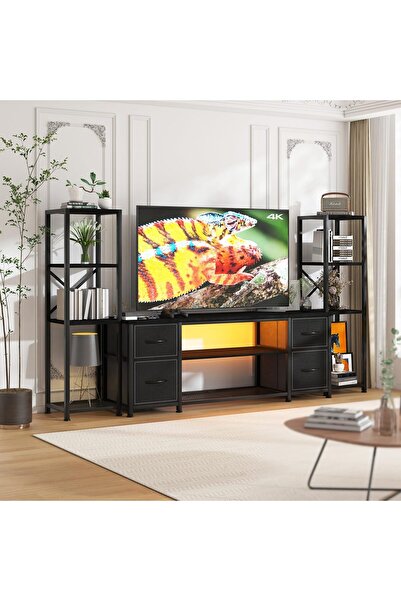 Yanara TV Table Farmhouse with Charging Station & LED Light, Industrial Books...