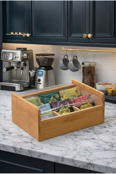 MAKRİ HOME Bamboo Tea Box with Transparent Lid Tea Bag Storage Organizer Tea Box with Compartments