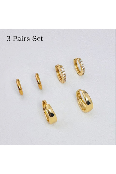Choice طقم من 3 أزواج من الأقراط الذهبية، 3 أزواج/قطعة، أقراط حلقية بيضاوية ا...