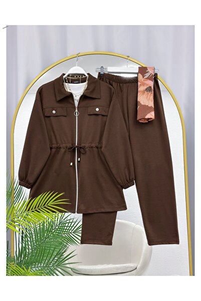 YEDİLALE Shirt Collar Zippered Lace-Up Double Set [Includes Jacket and Pants]