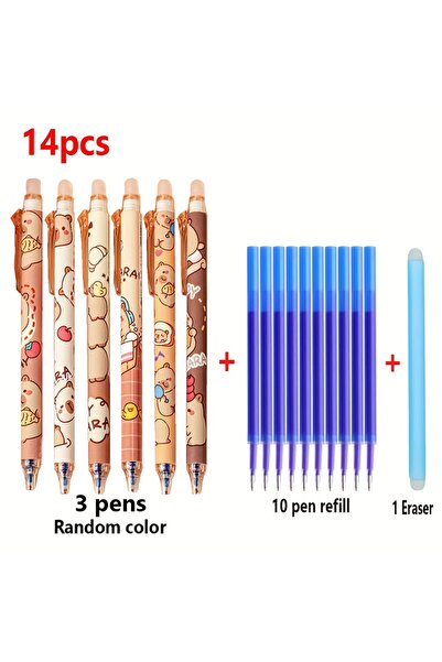 Choice 14pcs Blue Ink 14pcs Set Cute Capybara Erasable Gel Pens 0.5mm Retractable Blue Ink Suitable for Sch