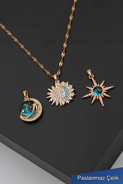 TREND COLLECTİON Değiştirilebilir Kolye Uçlu Gold Paslanmaz Çelik Kolye Seti ...