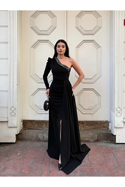 Modafeminen Flowers Pearl Detailed One Shoulder Evening Dress 583371 Black