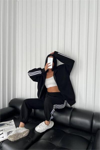 Neşeli Butik Women's stripe 3 thread tracksuit set gts028 - black