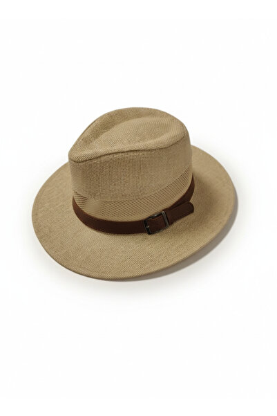 REBBEX Milk Coffee Fedora Straw Hat with Belt Decoration