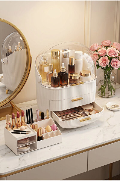 MAKRİ HOME منظم شفاف متعدد الأقسام للمكياج ومستحضرات التجميل مع غطاء، منظم بل...