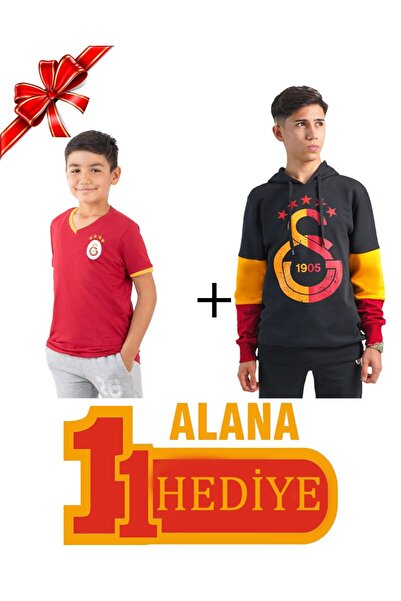 Galatasaray Orijinal 5 Yıldız Siyah Sweatshirt Kırmızı Çocuk T-Shirt Hediyeli
