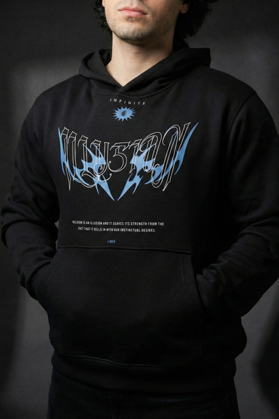 Liber Illusion Black Oversized Hoodie 3 Thread Ş Fleece-Lined Sweatshirt