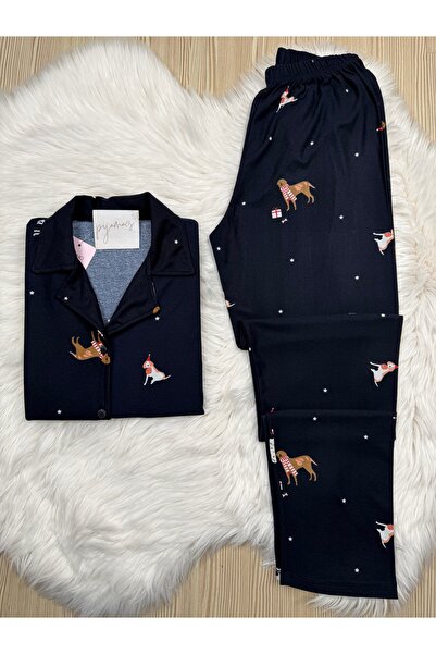 Pijamacs Navy Blue Cute Dog Patterned Suede Shirt Collar Long Sleeve Pajama Set