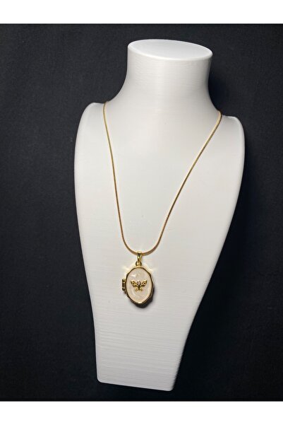 HİİS Gold Renk Açılabilir Madalyon Beyaz Mineli Kelebek Detaylı Nostaljik Kar...