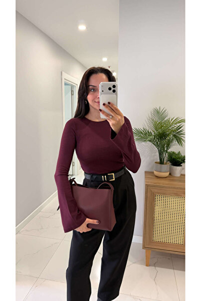 BİRCANÇİL Bluză cu mâneci Dlvin Zerda Burgundy guler rotund