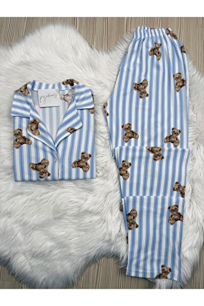 Pijamacs Set de pijamale cu mâneci lungi, cu guler, din piele intoarsa cu model de ursuleti cu dungi albastre