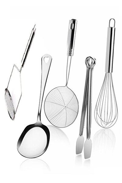 Kitchen Damys Stainless Steel Metal Serving Set Kit Serving Spoon Tongs Potato Masher Colander Whisk 5 Pieces