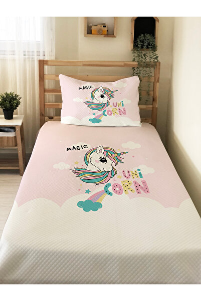 Evmila طقم بيكيه للأطفال بنقشة يونيكورن - غطاء وسادة بيكيه مقاس 160×230 سم وغ...