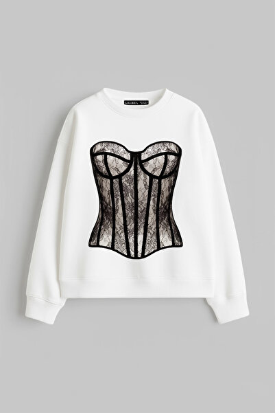 Sokak Butik Fit Corset cu imprimeu fără glugă croi relaxat Swea alb pentru femei tricou