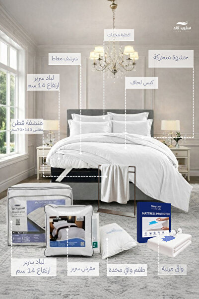 SLEEPLAND بكج النوم لباد 200×180 ارتفاع 14 سم + واقي مرتبة + طقم واقي مخدة + منشفة قطن + مفرش أبيض 200×200