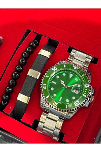 captiva Çelik Kordon Rolx Modeli Gümüş Renk İçi Yeşil Ve Bileklik Seti