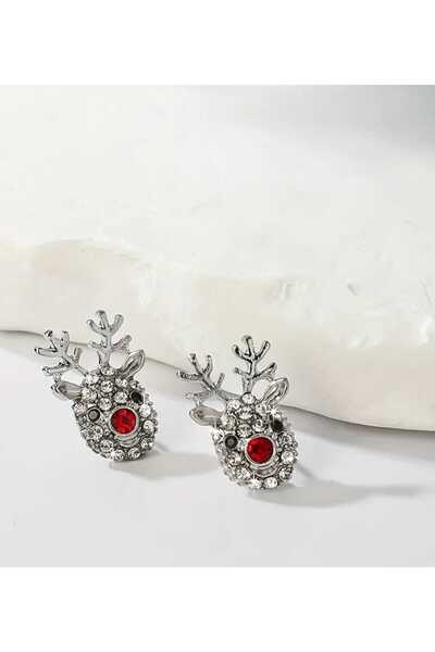 sarıyer silver Geyik Model New Year's Themed Zircon Stone Embroidered Screw Nail Style Steel Earrings