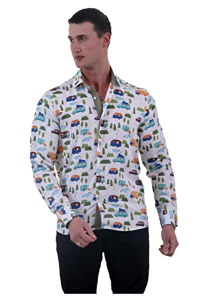 Exve Exclusive Colorful Camping Rv and Nature Themed Slim Fit Shirt on White