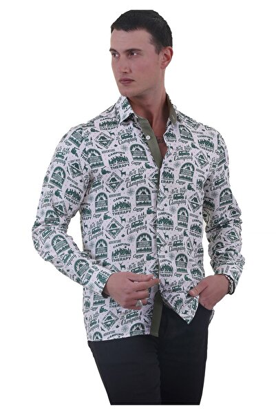 Exve Exclusive Cămașă slim fit cu tematică de camping, rulotă și natură, verde pe alb
