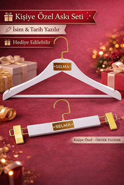 Onouqo Kişiye Özel Ahşap Askı Seti 2 Parça – İsimli Plakalı – Elbise & Pantol...