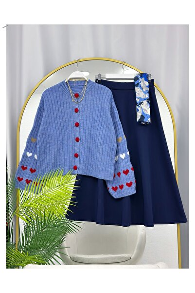 YEDİLALE Heart Embroidered Wide-Sleeve Knitwear Cardigan and Flawed Skirt Double Set [Shawl Not Included]
