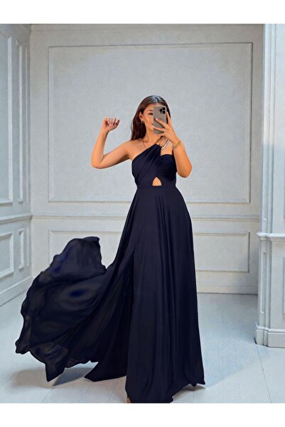 OLA Alya Gold Buckled Chiffon Slit Navy Blue Evening Dress