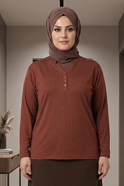 Pıtırcık Cimariva Women's Neval Plus Size V-Neck Jewelled Tan Blouse