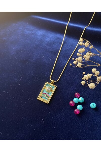 HİİS Gold Kaplama Mavi Mineli Tarot Kartı Güneş ve Gökkuşağı Figürlü Zirkon T...