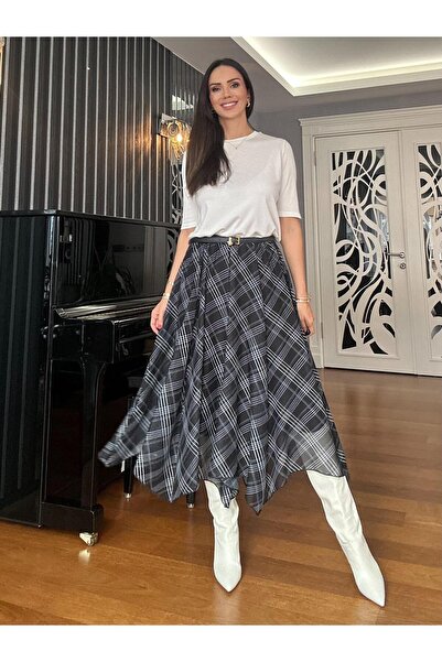 Atelier Derin Black Skirt Asymmetrical Elastic Waist Chiffon Skirt