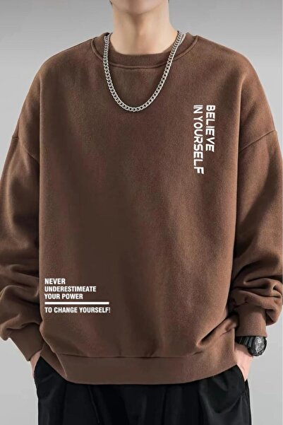 CAST COLLECTİON Ανδρικό καφέ φούτερ Belıeve In YourSelf με στάμπα και λαιμόκο...