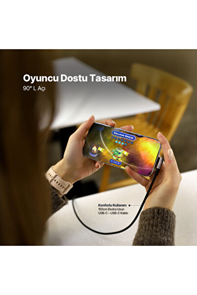 Ttec AlumiCable USB-C USB-C 60W PD/QC 90° L Tasarımlı Gamer Oyuncu 150cm Hızlı Şarj/Data Kablosu