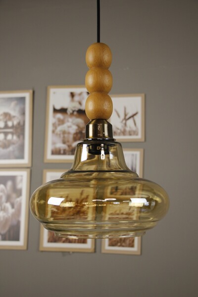 Bamyum Lumsa Cam Bal Rengi Tekli Avize Ahşap Üç Boncuk Başlık Retro Sarkıt La...