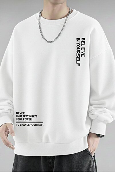 CAST COLLECTİON Ανδρικό λευκό φούτερ Belıeve In YourSelf με στάμπα και λαιμόκ...