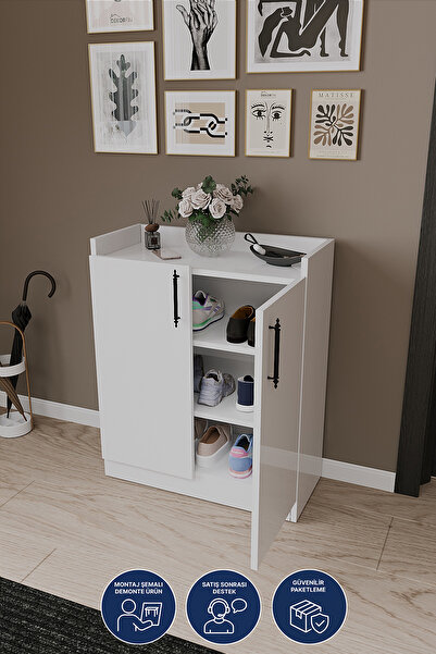 dekor fim DF08104B 2 Kapaklı Beyaz Gövdeli 3 Raflı Modern Antre Ayakkabılık