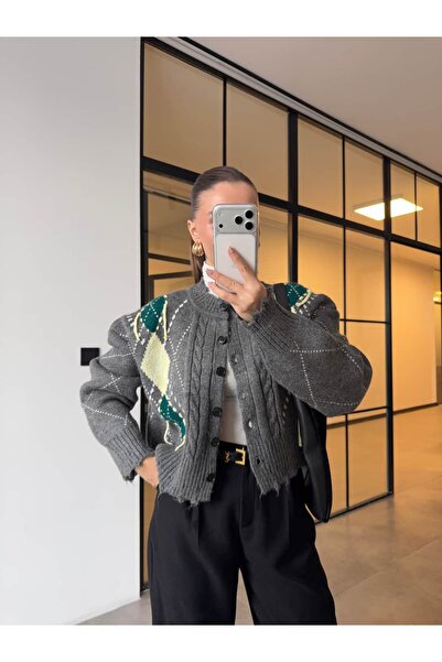 BB Bensu Buyruk Baklava Pattern Anthracite Cardigan