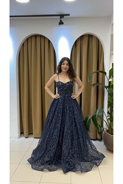 SUNAYBUTİK LACİVERT KORSE DETAYLI KABARIK KINA ELBİSE