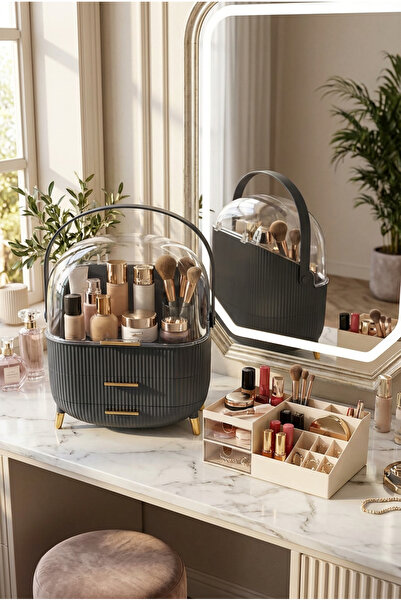 MAKRİ HOME Clear Multi-Compartment Makeup & Cosmetic Organizer with Lid Gray and Double Drawer Organizer