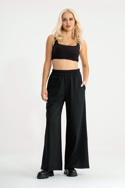 Bold & Young Pantaloni de damă din oțel negru din material subțire din țesătură cu buzunare largi și talie elastică