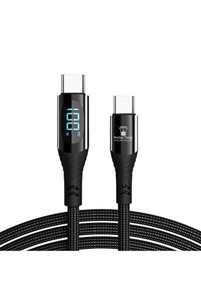 PRESTIGE CHARGE Cablu USB-C la USB-C 100W PD3.0, Date si Incarcare, Cu Display, Laptop/Telefon/Tableta, 2m, Negru