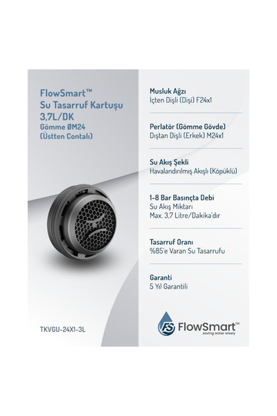 FlowSmart™ Gömme Su Tasarruflu Aeratör 3,7 L/Dk. | ØM24| %85’e Varan Tasarruf | Üstten Contalı